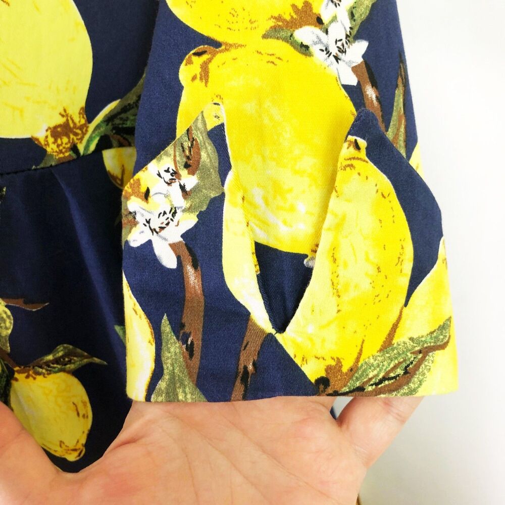 NWOT SUCREFAS Lemon Floral Navy Dress (M) Blue Retro Swing Fit & Flare - Picture 9 of 13